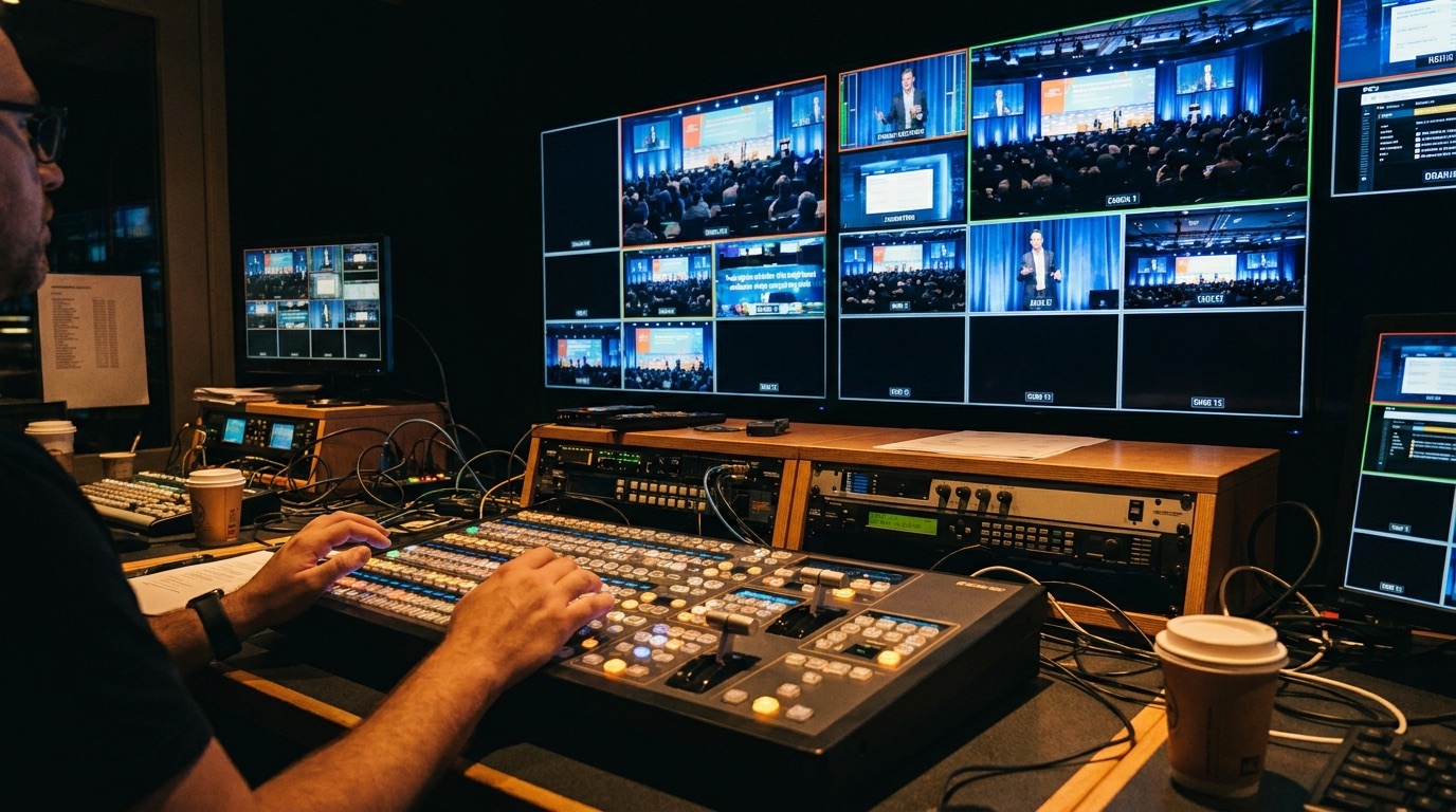 Režijska soba live stream produkcije z monitorji